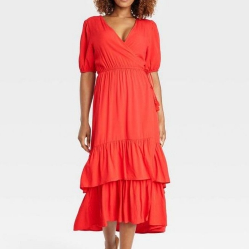 Nwt knox rose red ruffle wrap maxi dress